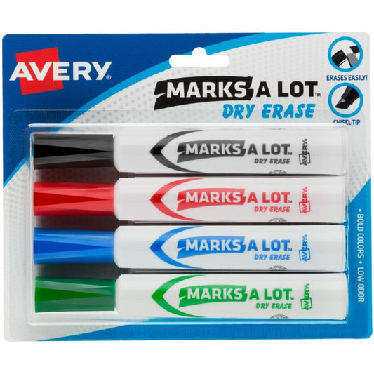 Avery&reg, Marks A Lot Marks A Lot Dry Erase Markers, Desk-Style, Assorted Colors, 4 Markers - Erasable - Washable - Blue, Black, Red, Green Ink - Office, School, Home - 4 / Pack