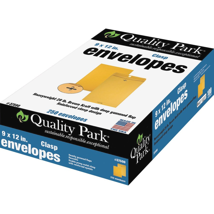 Quality Park 9 x 12 Clasp Envelopes in Dispenser Box - Clasp - #90 - 9" Width x 12" Length - 28 lb - Clasp - Kraft - Kraft - 250 / Box