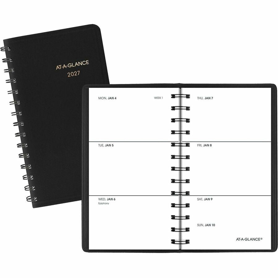 At-A-Glance Weekly Planner, Black, Pocket, 2 1/2" x 4 1/2" - Weekly - 1 Year - January 2027 to December 2027 - 1 Week Double Page Layout - 2 1/2" x 4 1/2" Sheet Size - Wire Bound - Black - Simulated Leather, Faux Leather - 1 Each