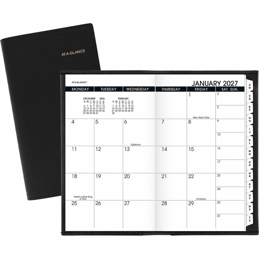 At-A-Glance Monthly Planner, Black, Pocket, 3 1/2" x 6" - Monthly - 13 Month - January 2027 to January 2028 - 1 Month Double Page Layout - 3 1/2" x 6 1/8" Sheet Size - Black - Simulated Leather, Faux Leather - 1 Each