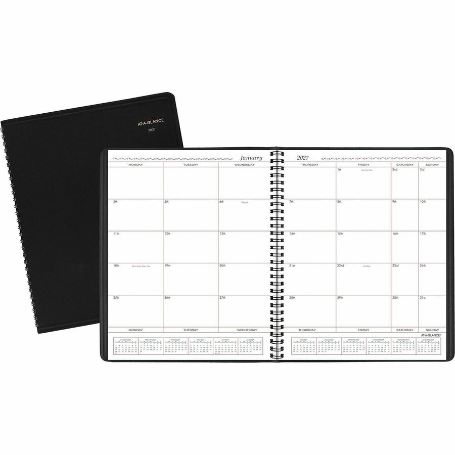At-A-Glance Planner - Monthly - 1 Year - January 2027 to December 2027 - 1 Month Double Page Layout - 8" x 10" Sheet Size - Wire Bound - Simulated Leather - Black Cover - 1 Each