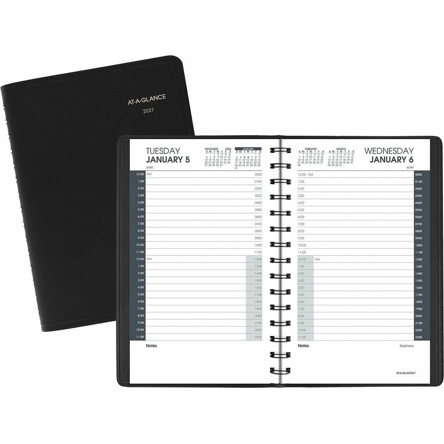 At-A-Glance 24-HourAppointment Book Planner - Julian Dates - Daily - 1 Year - January 2027 to December 2027 - 12:00 AM to 11:00 PM - Hourly - 1 Day Single Page Layout - 4 7/8" x 8" Sheet Size - Wire Bound - Black - Simulated Leather - 1 Each
