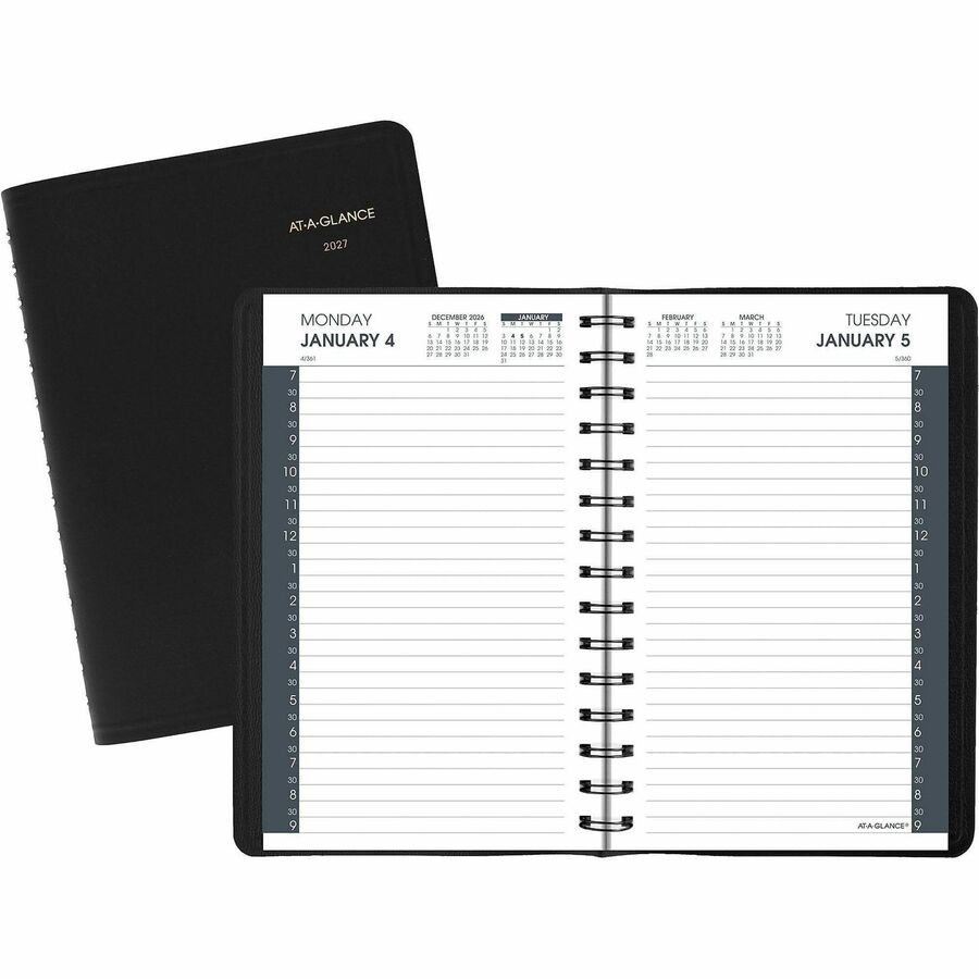 At-A-Glance Appointment Book Planner - Julian Dates - Daily - 1 Year - January 2027 to December 2027 - 7:00 AM to 9:00 PM - Half-hourly - 1 Day Single Page Layout - 4 7/8" x 8" Sheet Size - Wire Bound - Simulated Leather - Black Cover - 1 Each