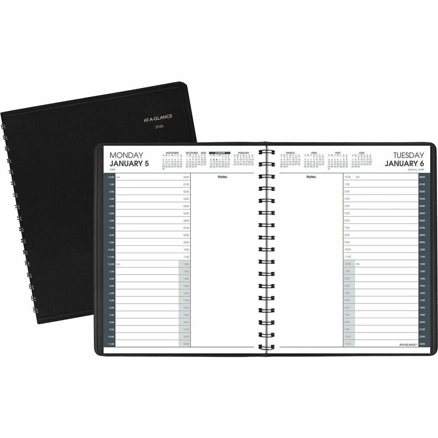 At-A-Glance 24-HourAppointment Book Planner - Medium - Julian Dates - Daily - 1 Year - January 2027 to December 2027 - 12:00 AM to 11:00 PM - Hourly - 1 Day Single Page Layout - 7" x 8 3/4" Sheet Size - White Sheet - Wire Bound - Black - Simulated Leat...