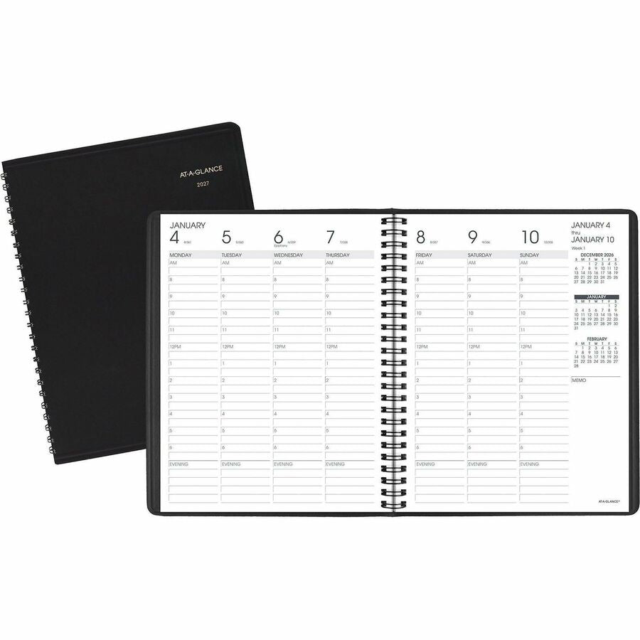 At-A-Glance Appointment Book Planner - Medium - Julian Dates - Weekly - 13 Month - January 2027 to January 2028 - 8:00 AM to 6:00 PM - Hourly - 1 Week Double Page Layout - 7" x 8 3/4" Sheet Size - White Sheet - Wire Bound - Black - Simulated Leather, F...