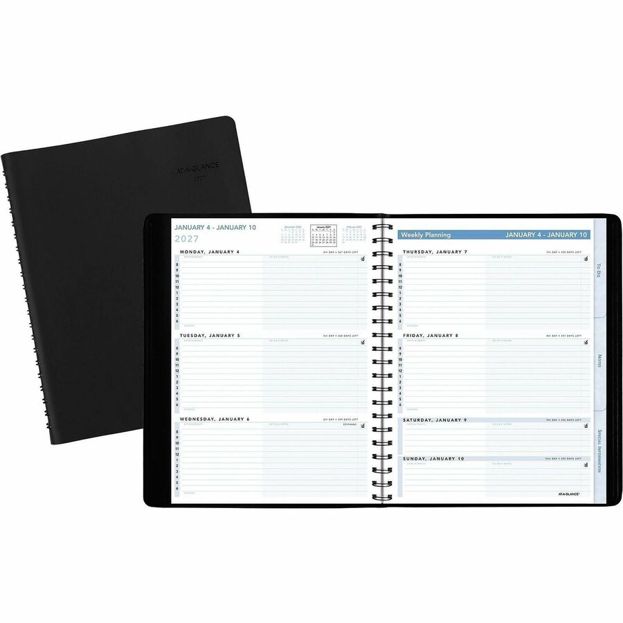 At-A-Glance Action PlannerAppointment Book Planner - Large - Julian Dates - Weekly - 1 Year - January 2027 to December 2027 - 8:00 AM to 6:00 PM - Hourly - 1 Week Double Page Layout - 8" x 11" Sheet Size - White Sheet - Wire Bound - Black - Faux Leathe...