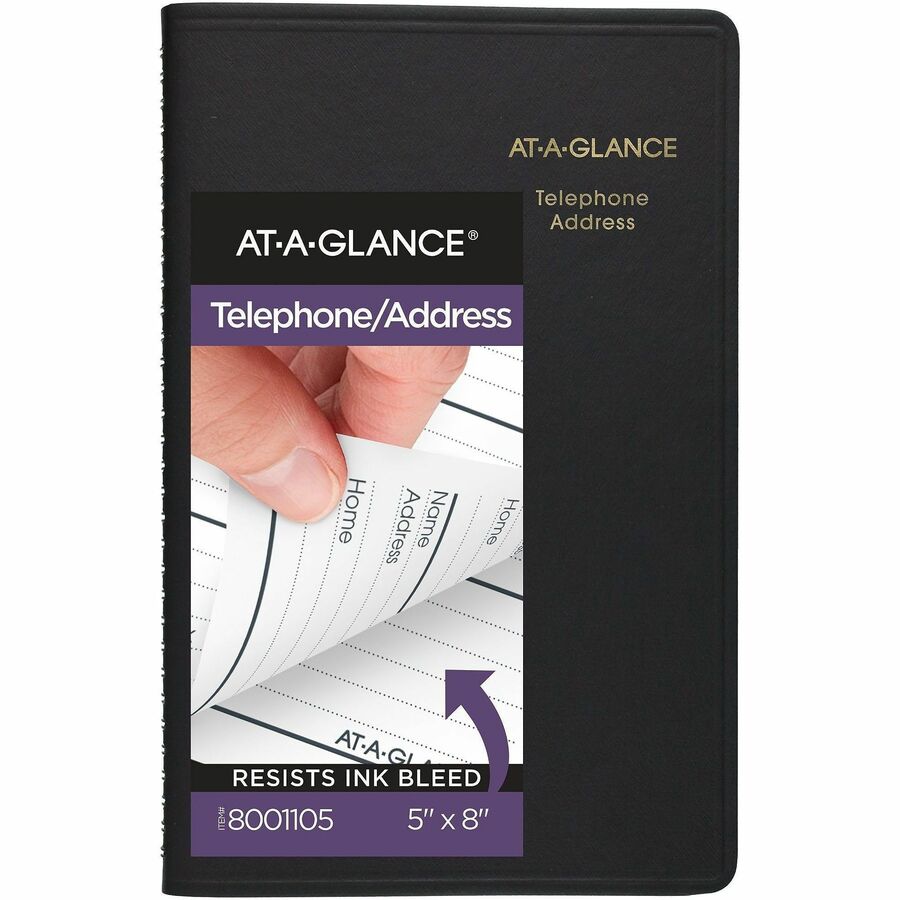 At-A-Glance Large Telephone/Address Book - Wire Bound - 5" Sheet Size - Black - Simulated Leather - 1 Each