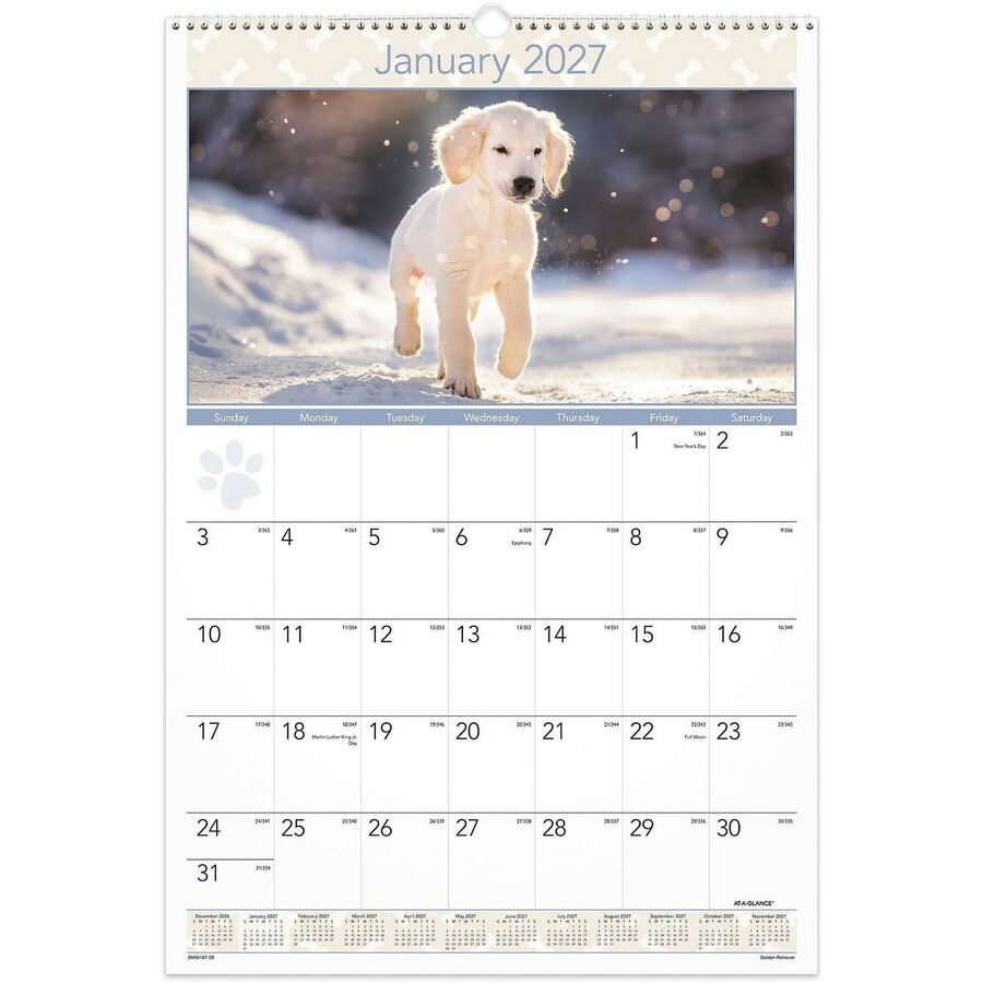 At-A-Glance Puppies Wall Calendar - Large - Julian Dates - Monthly, Yearly - 12 Month - January 2027 to December 2027 - 1 Month Single Page Layout - 15 1/2" x 22 3/4" Sheet Size - White Sheet - 2" x 2.13" Block - Wire Bound - White - Chipboard, Paper...