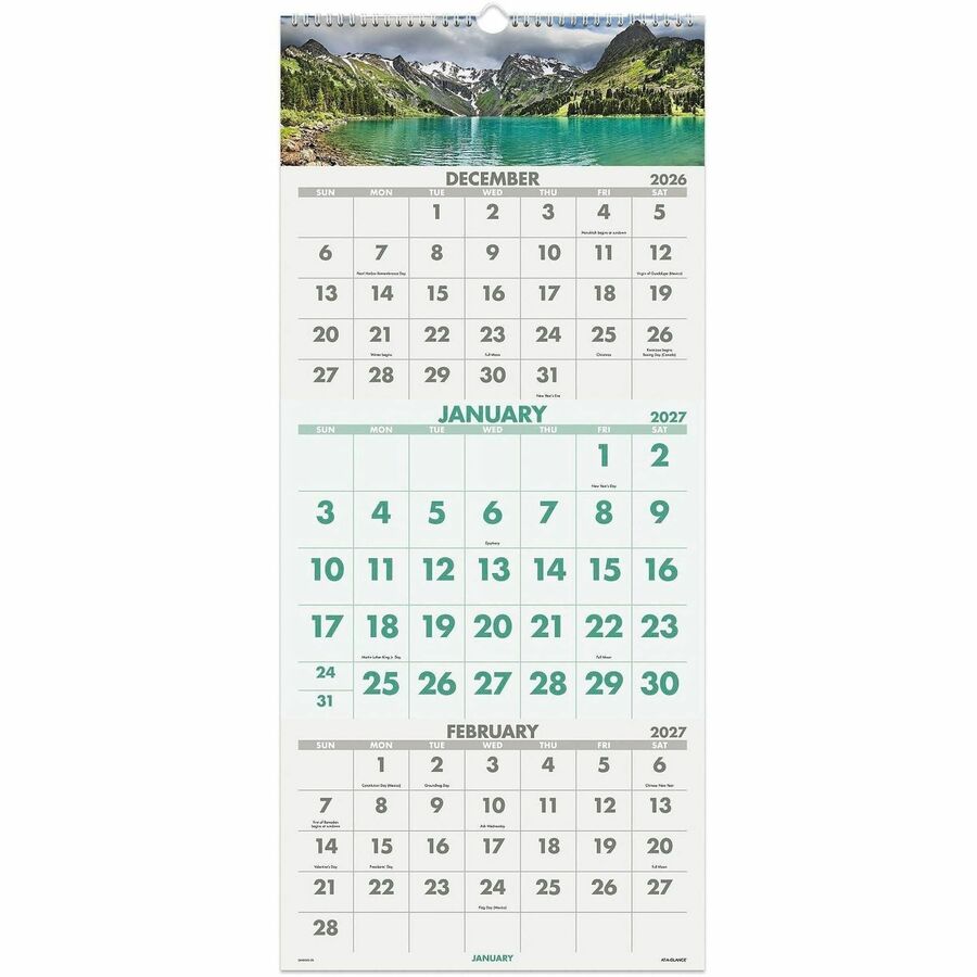 At-A-Glance Scenic 3-Month Wall Calendar - Large - Monthly - 14 Month - December 2026 to January 2028 - 3 Month Single Page Layout - 12" x 27" Sheet Size - White Sheet - Wire Bound - Multi - Chipboard, Paper - 1 Each
