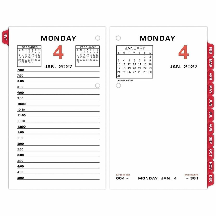 At-A-Glance Loose-Leaf Desk Calendar Refill - Standard - Julian Dates - Daily - 12 Month - January 2027 to December 2027 - 7:00 AM to 5:00 PM - Half-hourly - 1 Day Double Page Layout - 3 1/2" x 6" Sheet Size - White Sheet - 2-ring - Desktop, Desk - Whi...