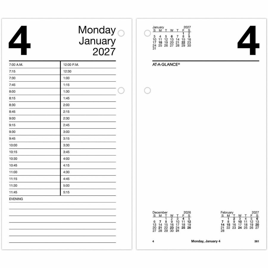 At-A-Glance Loose-Leaf Desk Calendar Refill - Large - Julian Dates - Daily - 12 Month - January 2027 to December 2027 - 7:00 AM to 5:15 PM - Quarter-hourly - 1 Day Double Page Layout - 4 1/2" x 8" Sheet Size - White Sheet - Desktop, Desk - White - Pape...