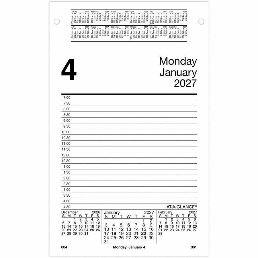 At-A-Glance Pad Style Desk Pad Calendar Refill - Large - Julian Dates - Daily - 12 Month - January 2027 to December 2027 - 7:00 AM to 4:30 PM - Half-hourly - 1 Day Double Page Layout - 5" x 8" Sheet Size - White Sheet - Desktop, Desk - White - Paper...