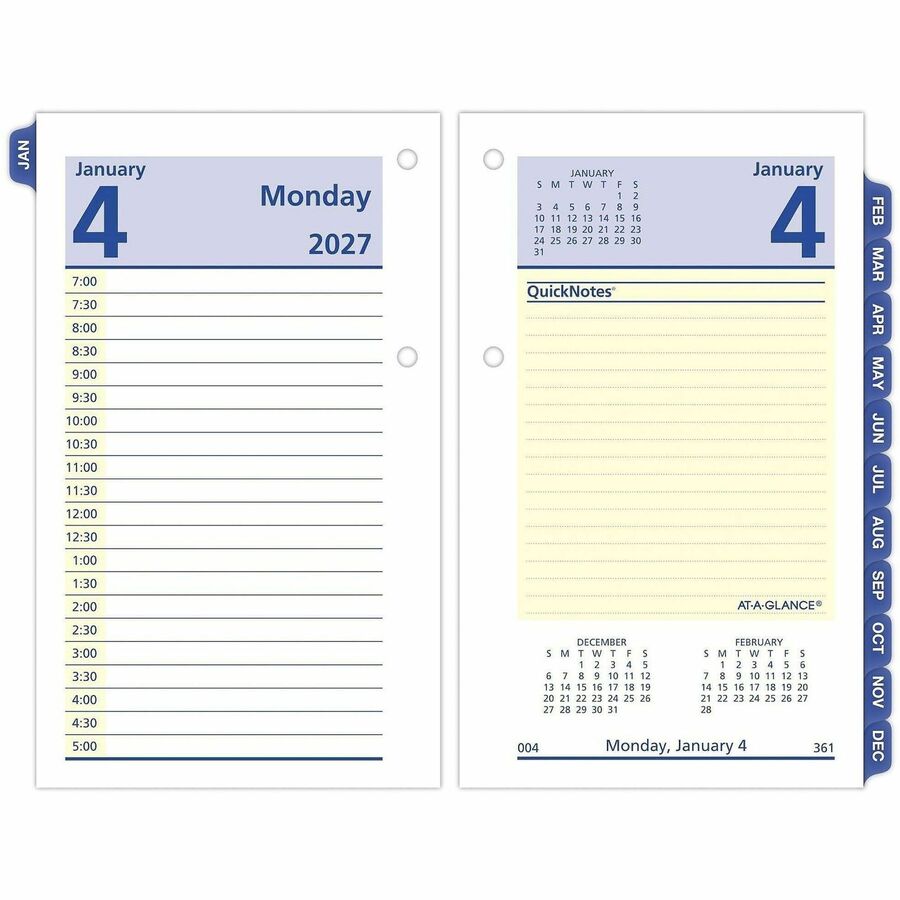 At-A-Glance QuickNotes Loose-Leaf Desk Calendar Refill - Standard - Julian Dates - Daily - 12 Month - January 2027 to December 2027 - 7:00 AM to 5:00 PM - Half-hourly - 1 Day Double Page Layout - 3 1/2" x 6" Sheet Size - White Sheet - 2-ring - Desktop...