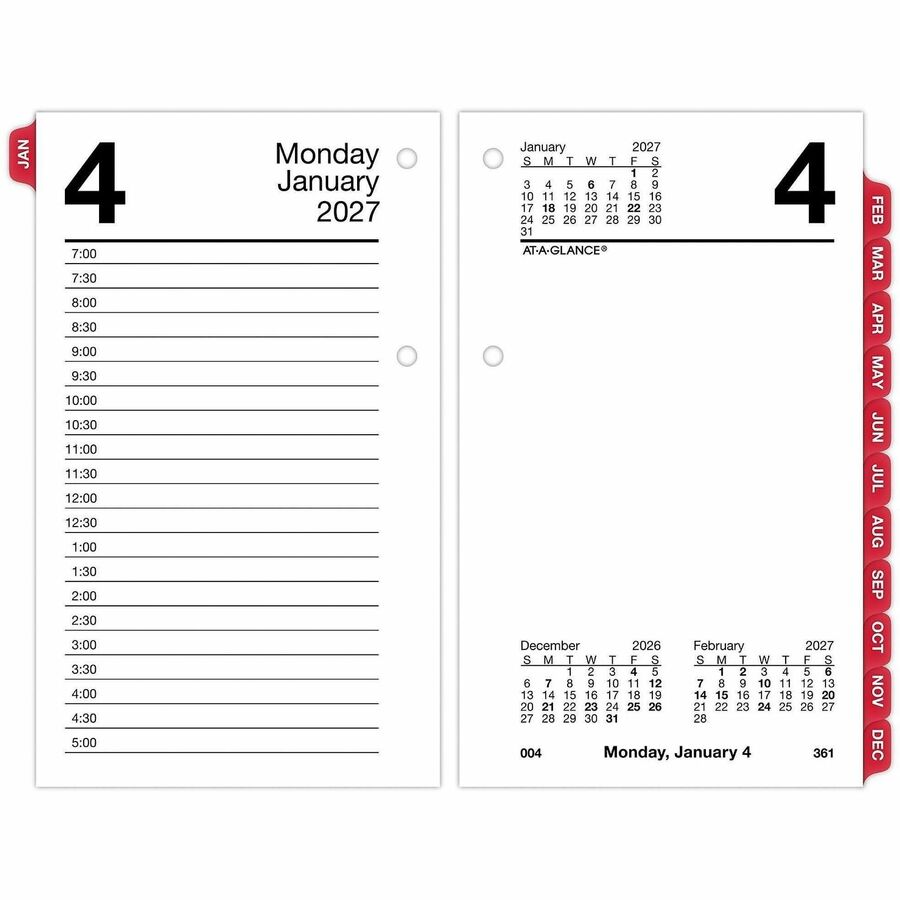 At-A-Glance Loose-Leaf Desk Calendar Refill withTabs - Standard - Julian Dates - Daily - 12 Month - January 2027 to December 2027 - 7:00 AM to 5:00 PM - Half-hourly, 8:00 AM to 5:00 PM - Saturday, 9:00 AM to 4:30 PM - Sunday - 1 Day Double Page Layout...