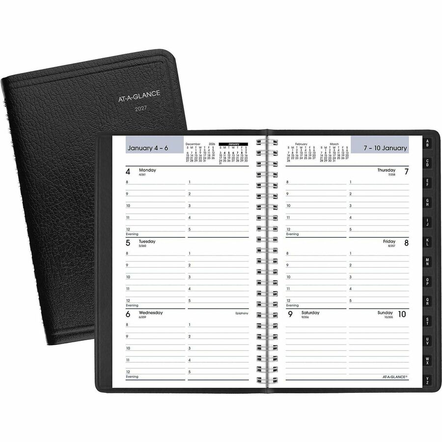 At-A-Glance DayMinder Appointment Book Planner - Julian Dates - Weekly - 12 Month - January 2027 to December 2027 - 8:00 AM to 5:00 PM - Hourly - 1 Week Double Page Layout - 4 7/8" x 8" Sheet Size - White Sheet - Wire Bound - Black - Simulated Leather...