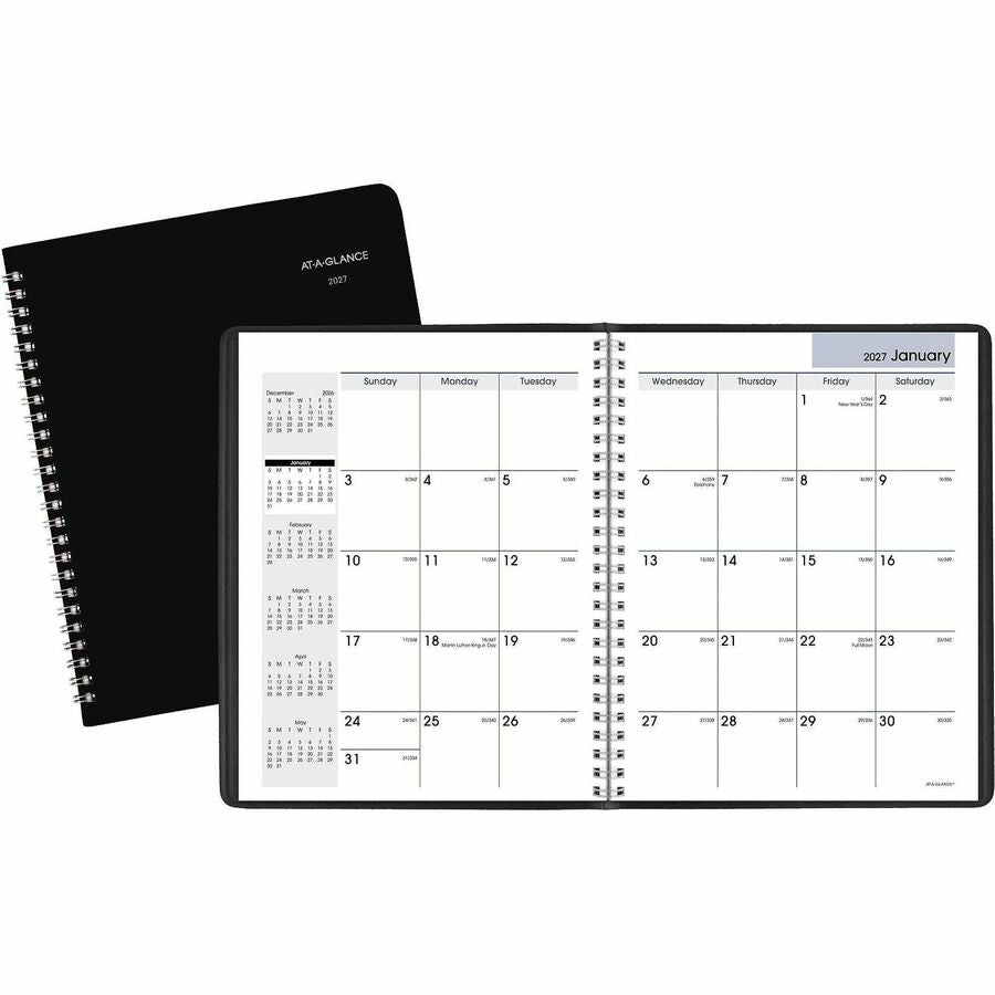 At-A-Glance DayMinderPlanner - Medium - Julian Dates - Monthly - 12 Month - January 2027 to December 2027 - 1 Month Double Page Layout - 7" x 8 3/4" Sheet Size - White Sheet - Wire Bound - Desktop - Black - Simulated Leather, Faux Leather - Black Cover...