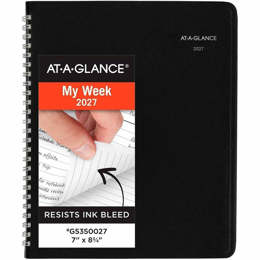 At-A-Glance DayMinder Block StylePlanner - Medium - Julian Dates - Weekly - 12 Month - January 2027 to December 2027 - 1 Week Double Page Layout - 6 7/8" x 8 3/4" Sheet Size - White Sheet - Wire Bound - Black - Paper, Simulated Leather, Faux Leather...