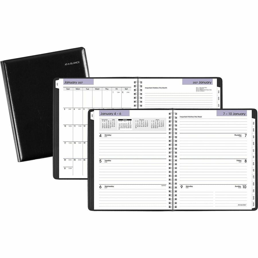 At-A-Glance DayMinder Executive Refillable Planner - Medium - Julian Dates - Weekly, Monthly - 12 Month - January 2027 to December 2027 - 1 Week, 1 Month Double Page Layout - 7" x 8 3/4" Sheet Size - White Sheet - Wire Bound - Black - Paper, Poly - Bla...