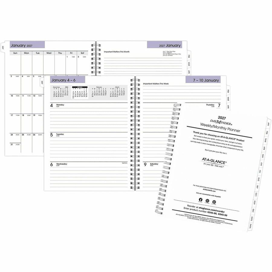 At-A-Glance DayMinder Executive Refill for G545 - Medium - Julian Dates - Weekly, Monthly - 12 Month - January 2027 to December 2027 - 1 Week Double Page Layout - 7" x 8 3/4" Sheet Size - White Sheet - Wire Bound - White - Paper - 1 Each