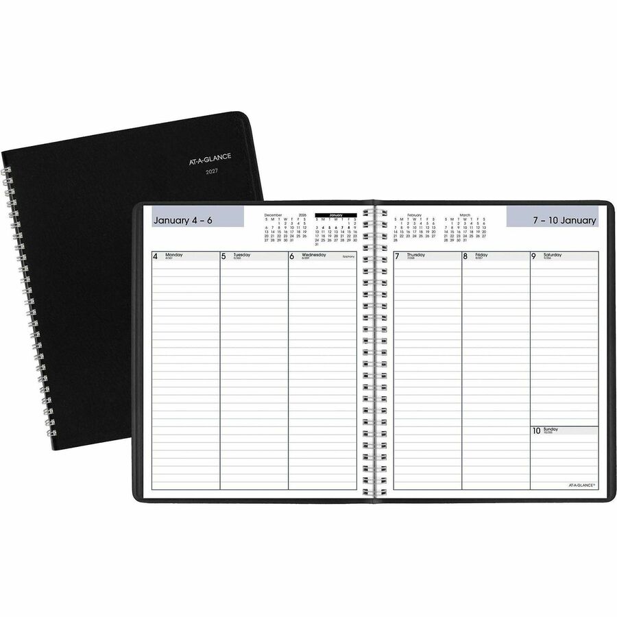 At-A-Glance DayMinder Column StylePlanner - Medium - Julian Dates - Weekly - 12 Month - January 2027 to December 2027 - 1 Week Double Page Layout - 7" x 8 3/4" Sheet Size - White Sheet - Wire Bound - Black - Faux Leather - Black Cover - 1 Each
