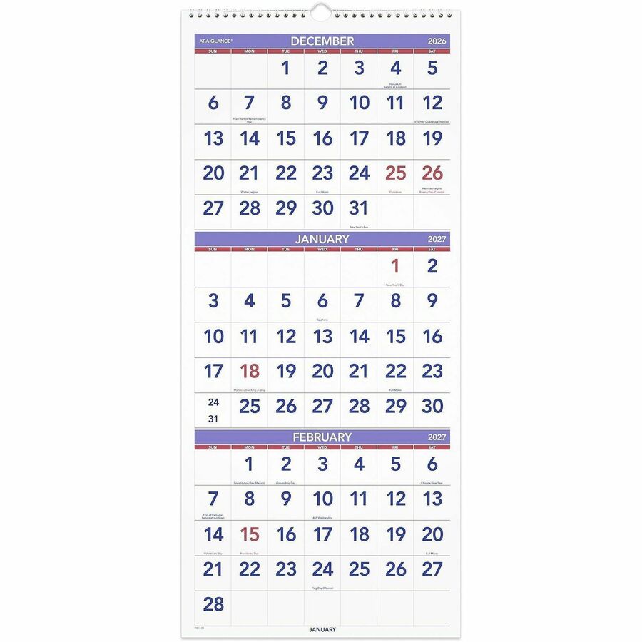 At-A-Glance 3-Month Reference Vertical Wall Calendar - Large - Monthly - 14 Month - December 2026 to January 2028 - 3 Month Single Page Layout - 12" x 27" Sheet Size - White Sheet - Wire Bound - White - Paper, Chipboard - 1 Each