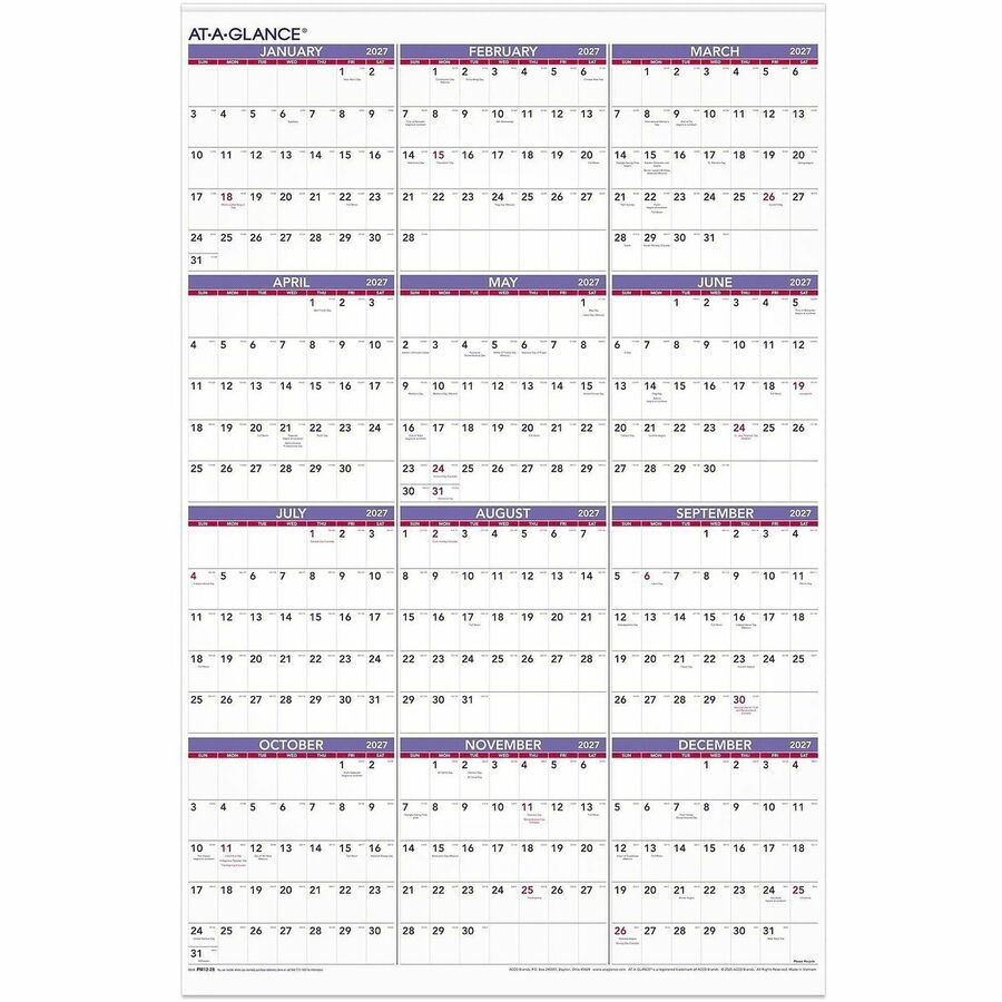 At-A-Glance Recycled Yearly Wall Calendar 24" x 36" English - Extra Large - Julian Dates - Yearly - 12 Month - January 2027 to December 2027 - 1 Year Single Page Layout - 24" x 36" Sheet Size - White Sheet - 1" x 1.50" Block - Metal Bound - White - Pap...