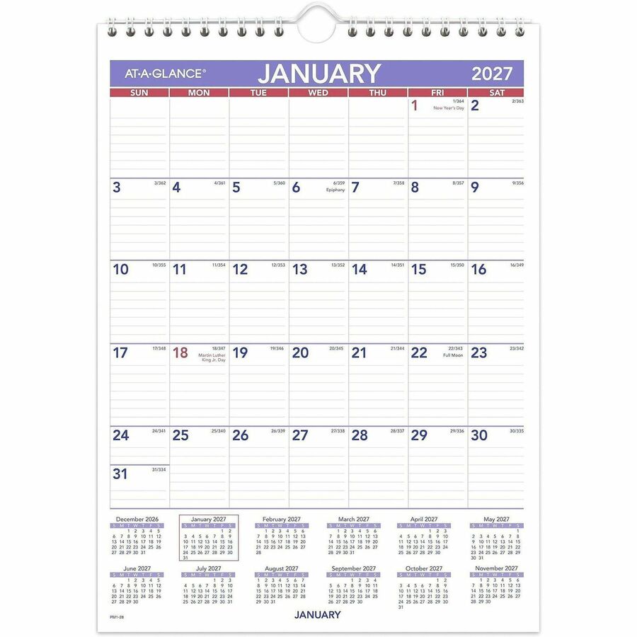 At-A-Glance Wall Calendar - Small - Julian Dates - Monthly - 12 Month - January 2027 to December 2027 - 1 Month Single Page Layout - 8" x 11" Sheet Size - White Sheet - 1.06" x 1.50" Block - Wire Bound - White - Chipboard, Paper - 1 Each