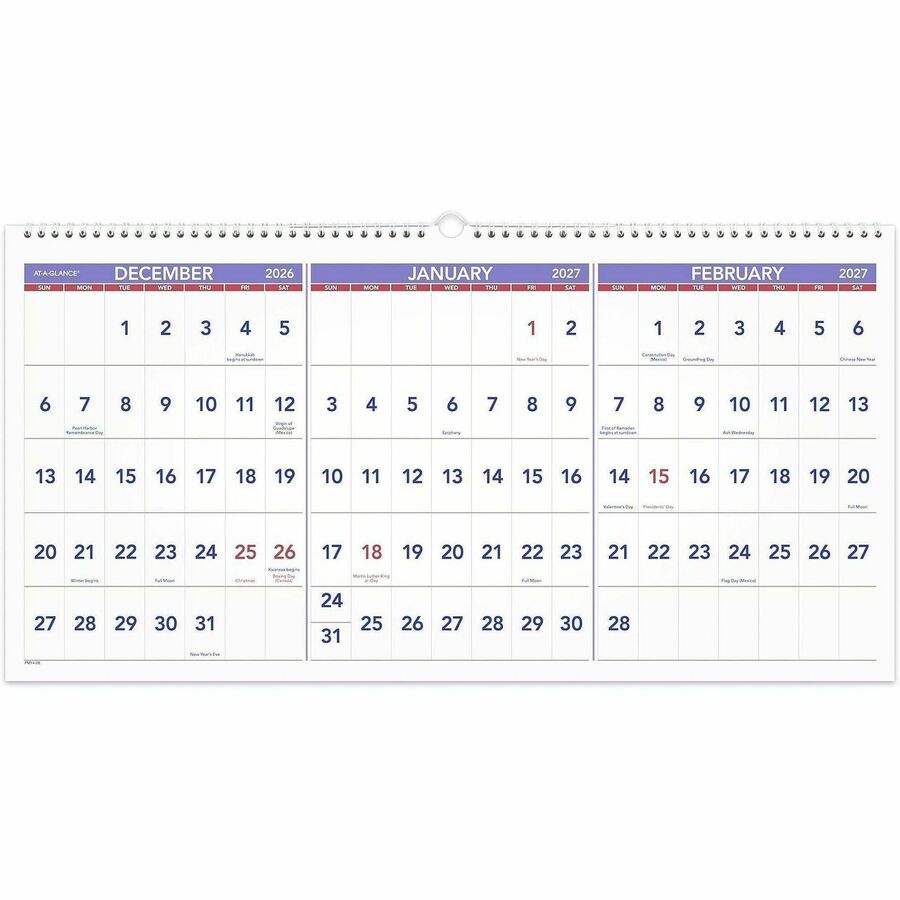 At-A-Glance 3-Month Horizontal Wall Calendar - Large - Monthly - 15 Month - December 2026 to February 2028 - 3 Month Single Page Layout - 12" x 24" Sheet Size - White Sheet - Wire Bound - Blue, White - Chipboard, Paper - 1 Each