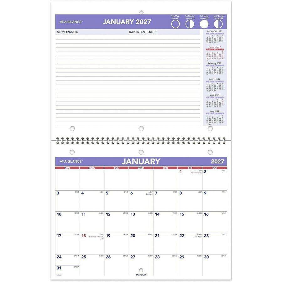 At-A-Glance Desk Wall Calendar - Small - Julian Dates - Monthly - 12 Month - January 2027 to December 2027 - 1 Month Single Page Layout - 1 Month Double Page Layout - 11" x 8 1/2" Sheet Size - White Sheet - 1.50" x 1.25" Block - Wire Bound - Desktop...