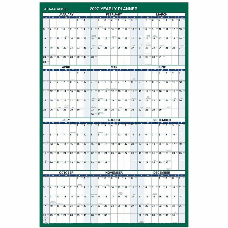 At-A-Glance Vertical Reversible Erasable Wall Calendar - Large - Julian Dates - Yearly - 12 Month - January 2027 to December 2027 - 24" x 36" Sheet Size - White Sheet - Blue, Gray - Laminate - 1 Each