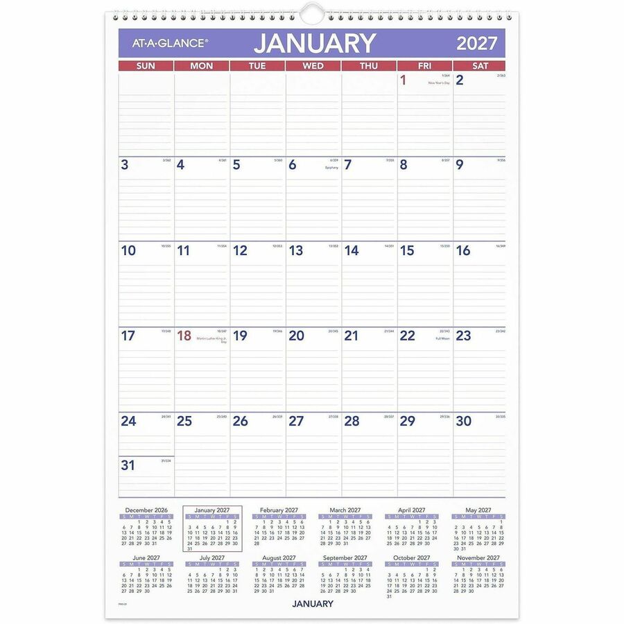 At-A-Glance Wall Calendar - Large - Julian Dates - Monthly - 12 Month - January 2027 to December 2027 - 1 Month Single Page Layout - 15 1/2" x 22 3/4" Sheet Size - White Sheet - 2.06" x 3.31" Block - Wire Bound - White - Chipboard, Paper - 1 Each