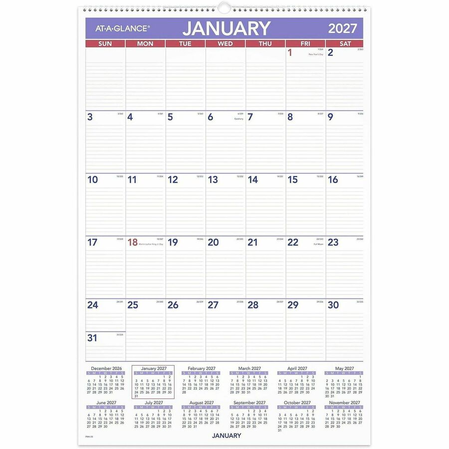 At-A-Glance Wall Calendar - Large - Julian Dates - Monthly - 12 Month - January 2027 to December 2027 - 1 Month Single Page Layout - 20" x 30" Sheet Size - White Sheet - 2.69" x 4.38" Block - Wire Bound - White - Chipboard, Paper - 1 Each