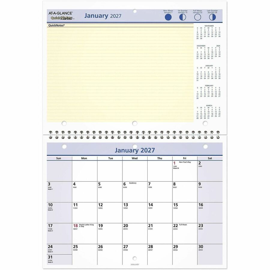At-A-Glance QuickNotes Desk Wall Calendar - Small - Julian Dates - Monthly - 12 Month - January 2027 to December 2027 - 1 Month Single Page Layout - 1 Month Double Page Layout - 11" x 8" Sheet Size - White Sheet - 1.25" x 1.25" Block - Wire Bound - Pap...