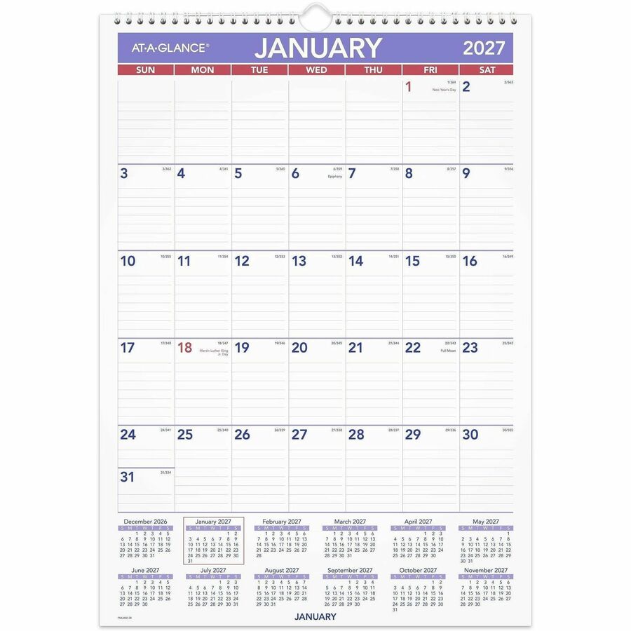 At-A-Glance Write-on/Wipe-off Laminated Monthly Wall Calendar - Medium - Julian Dates - Monthly - 12 Month - January 2027 to December 2027 - 1 Month Single Page Layout - 12" x 17" Sheet Size - White Sheet - 1.56" x 2.44" Block - Wire Bound - Blue, Whit...