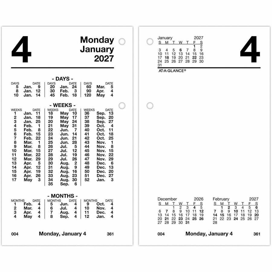 At-A-Glance Financial Desk Calendar Refill - Standard - Julian Dates - Daily - 12 Month - January 2027 to December 2027 - 1 Day Double Page Layout - 3 1/2" x 6" Sheet Size - White Sheet - Desktop - White - 1 Each
