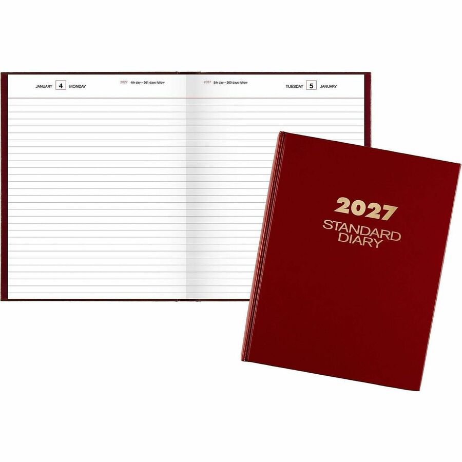 At-A-Glance Standard Diary Diary - Medium - Business - Julian Dates - Daily - 12 Month - January 2027 to December 2027 - 1 Day Single Page Layout - 7 1/2" x 9 1/2" Sheet Size - White Sheet - Case Bound - Vinyl, Faux Leather - Red Cover - 1 Each