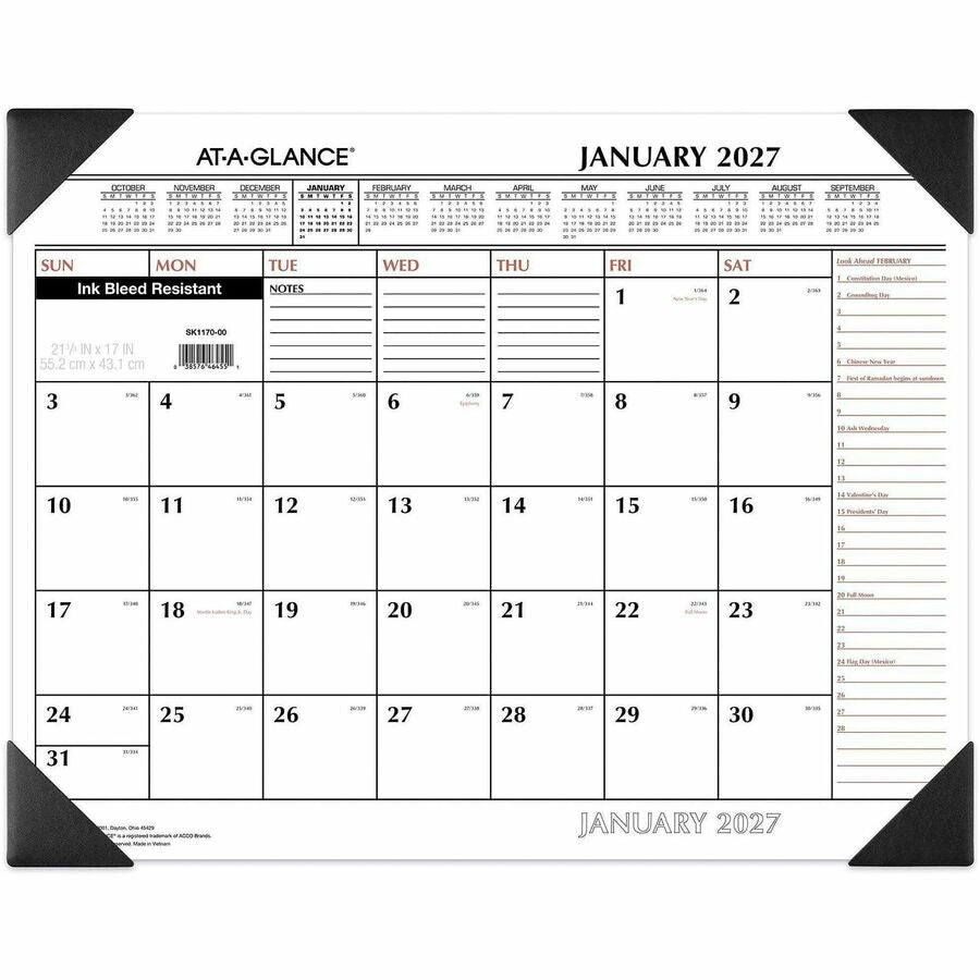 At-A-Glance 2-Color Desk Pad - Extra Large - Julian Dates - Yearly - 12 Month - January 2027 to December 2027 - 1 Month Single Page Layout - 21 3/4" x 17" Sheet Size - White Sheet - 2.38" x 2.63" Block - Desk Pad - Black - Poly, Laminate - 1 Each