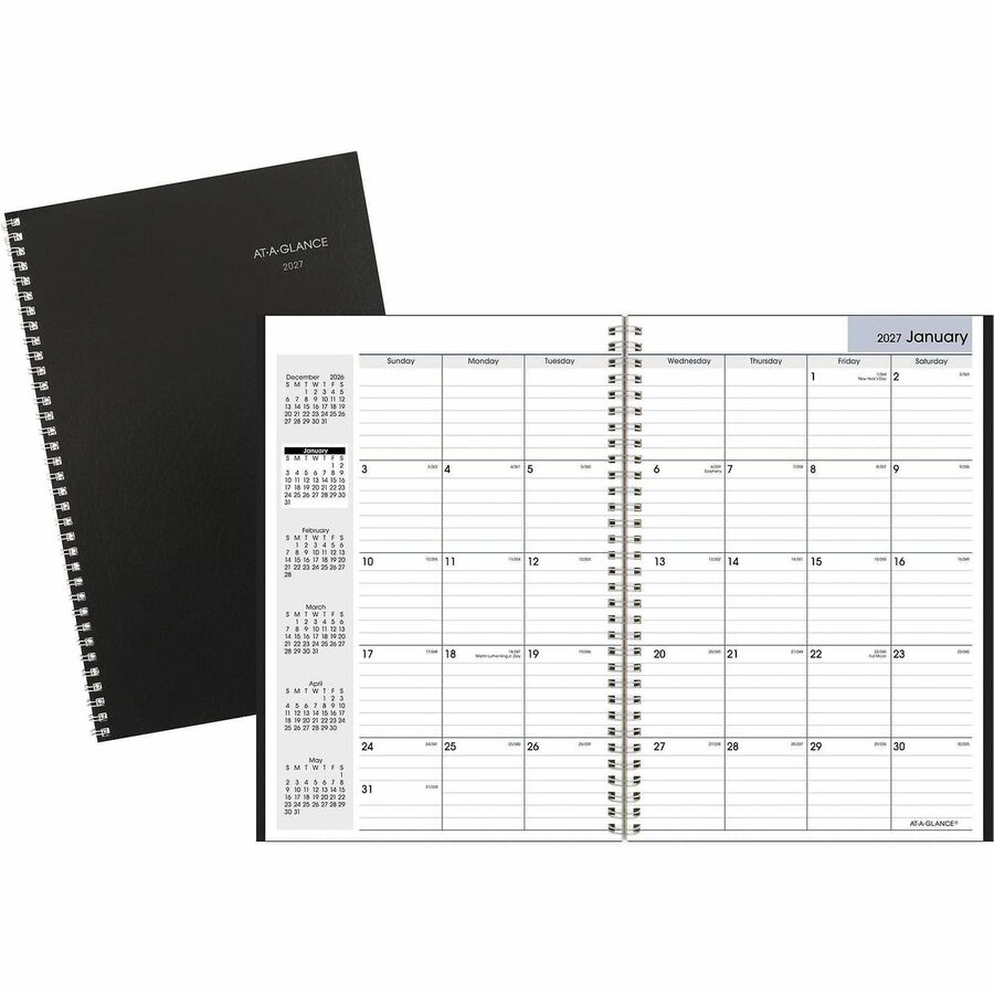 At-A-Glance DayMinderPlanner - Large - Julian Dates - Monthly - 14 Month - December 2026 to January 2028 - 1 Month Double Page Layout - 8" x 12" Sheet Size - White Sheet - Wire Bound - Black - Simulated Leather, Faux Leather - 1 Each