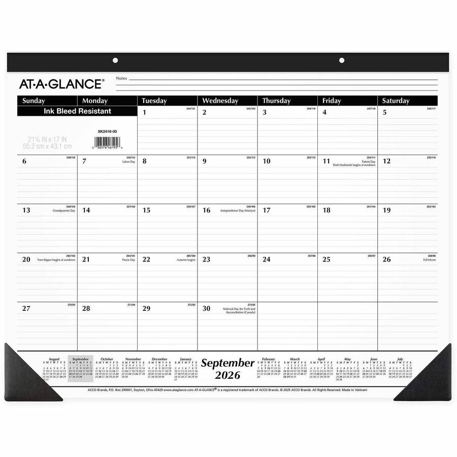 At-A-Glance 16-Month Monthly Desk Pad - Academic - Julian Dates - Monthly - 16 Month - September 2026 to December 2027 - 1 Month Single Page Layout - 22" x 17" Sheet Size - White Sheet - 2.88" x 2.38" Block - Headband - Desk Pad - Poly, Paper - Black C...