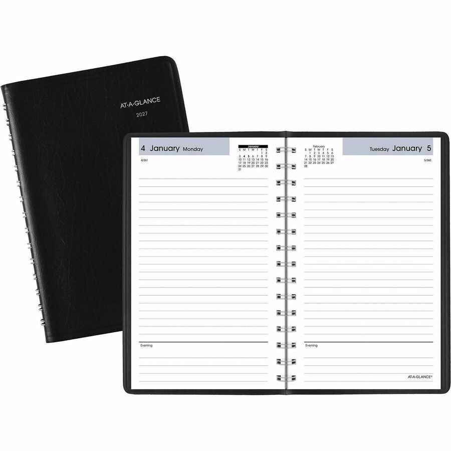 DayMinder Basic Daily Planner, Black, Small, 5" x 8" - Small - Julian Dates - Daily - 12 Month - January 2027 to December 2027 - 1 Day Single Page Layout - 5" x 8" Sheet Size - White Sheet - Wire Bound - Leather - Simulated Leather, Paper, Faux Leather...