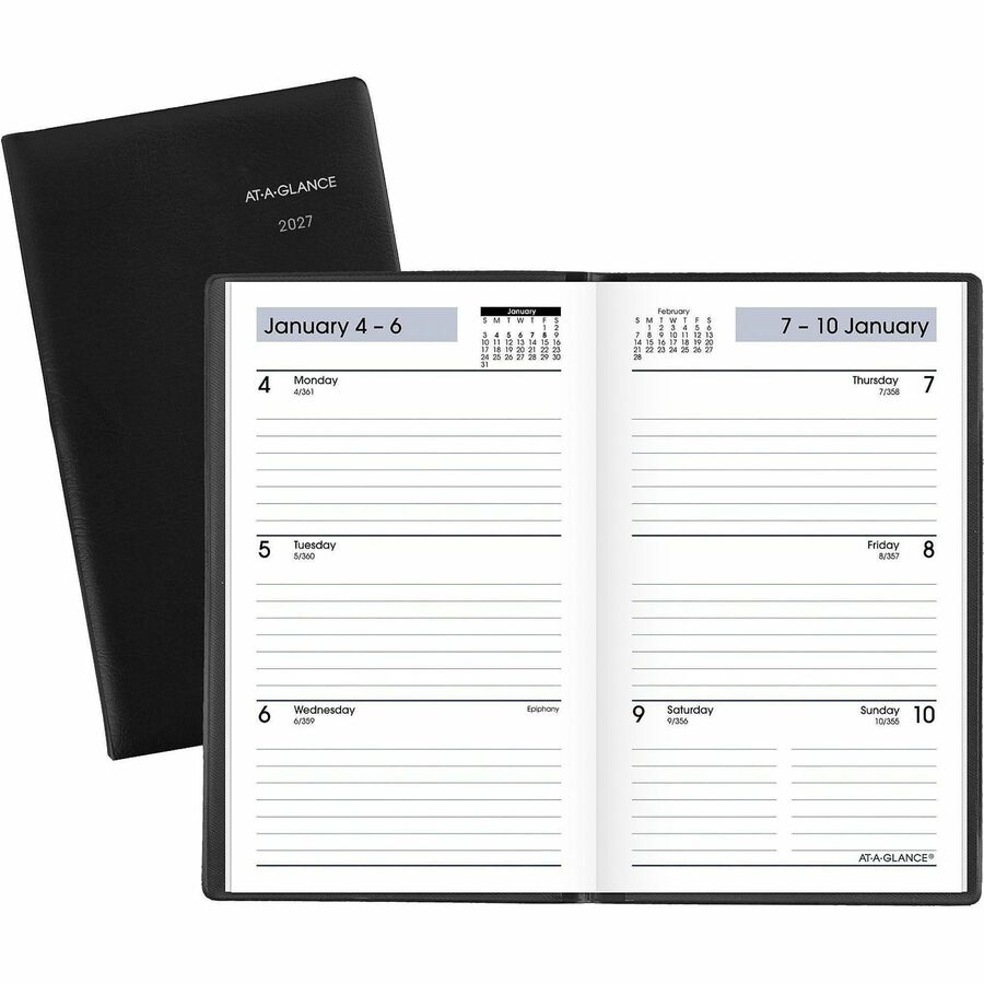 At-A-Glance Weekly Planner, Black, Pocket, 3 1/2" x 6" - Pocket - Julian Dates - Weekly - 12 Month - January 2027 to December 2027 - 1 Week Double Page Layout - 3 1/2" x 6" Sheet Size - White Sheet - Stapled - Paper, Poly - Black Cover - 1 Each