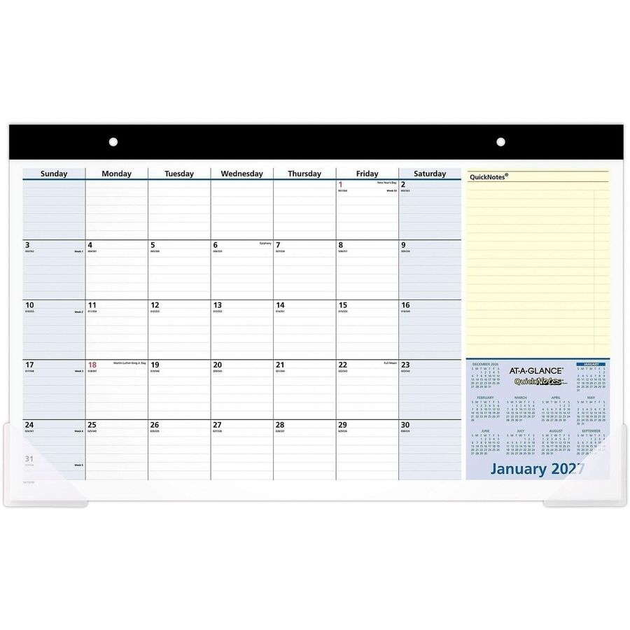At-A-Glance QuickNotes Compact Monthly Desk Pad Calendar - Standard - Julian Dates - Monthly - 13 Month - January 2027 to January 2028 - 1 Month Single Page Layout - 18" x 11" Sheet Size - White Sheet - Headband - Desktop - Blue, White, Yellow - Poly...