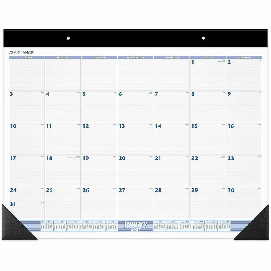 At-A-Glance Desk Pad Calendar - Large - Julian Dates - Monthly - 1 Year - January 2027 to December 2027 - 1 Day Single Page Layout - 19" x 24" Sheet Size - White Sheet - 3.25" x 2.75" Block - Headband - Desktop - Blue, Gray, White - Poly, Paper - 1 Each
