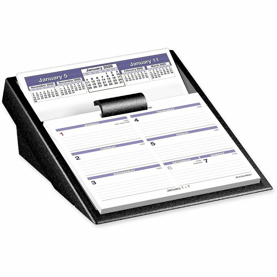 At-A-Glance Flip-A-Week Desk Calendar and Base - Large - Julian Dates - Weekly - 12 Month - January 2027 to December 2027 - 1 Week Double Page Layout - 5 1/2" x 7" Sheet Size - White Sheet - 1-ring - Desk - Black, Blue, White - Paper - 1 Each