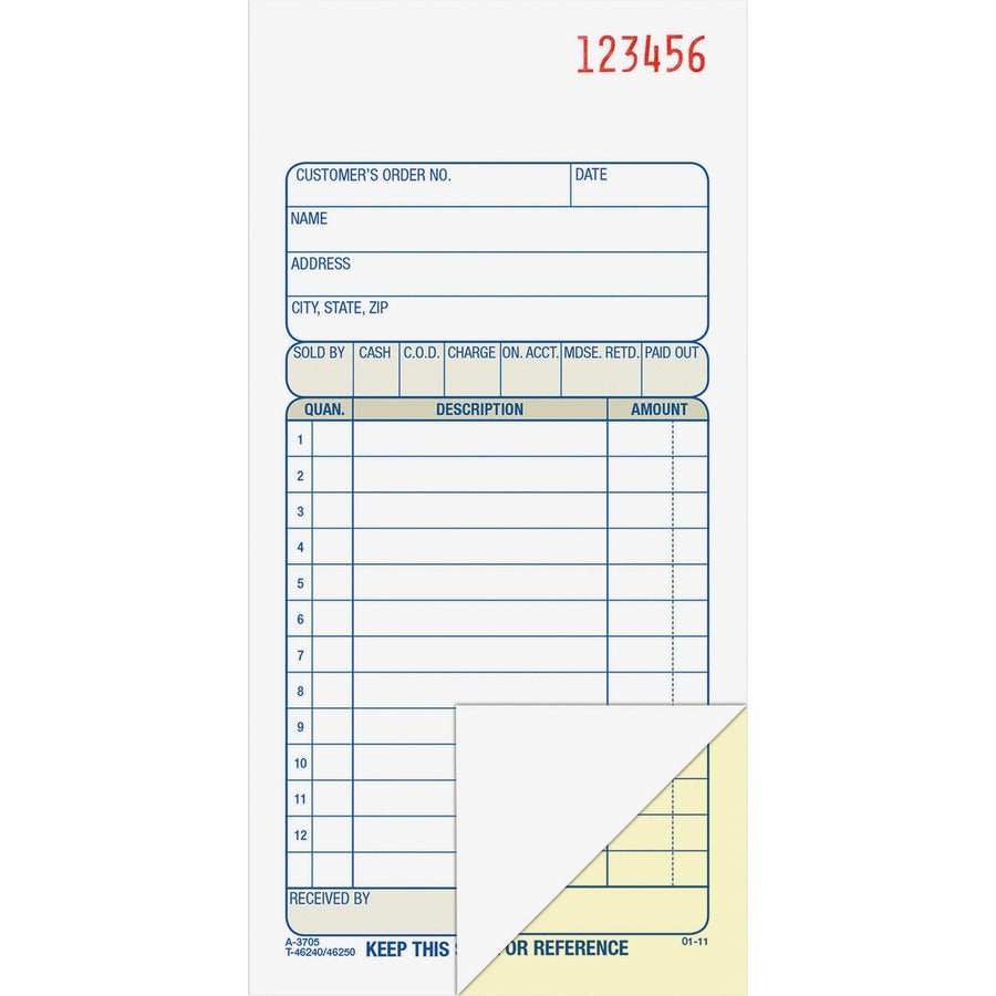 Adams Carbonless 2-part Numbered Sales Order Books - 50 Sheet(s) - 2 Part - Carbonless Copy - 3.34" x 7.18" Sheet Size - White, Canary - Assorted Sheet(s) - Red Print Color - 1 Each