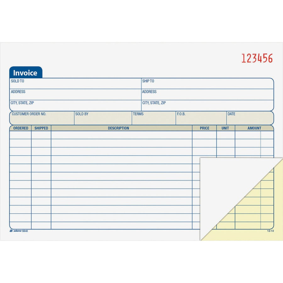 Adams Carbonless Invoice Book - Tape Bound - 2 Part - Carbonless Copy - 7.93" x 5.56" Sheet Size - 2 x Holes - White, Canary - Assorted Sheet(s) - 1 Each