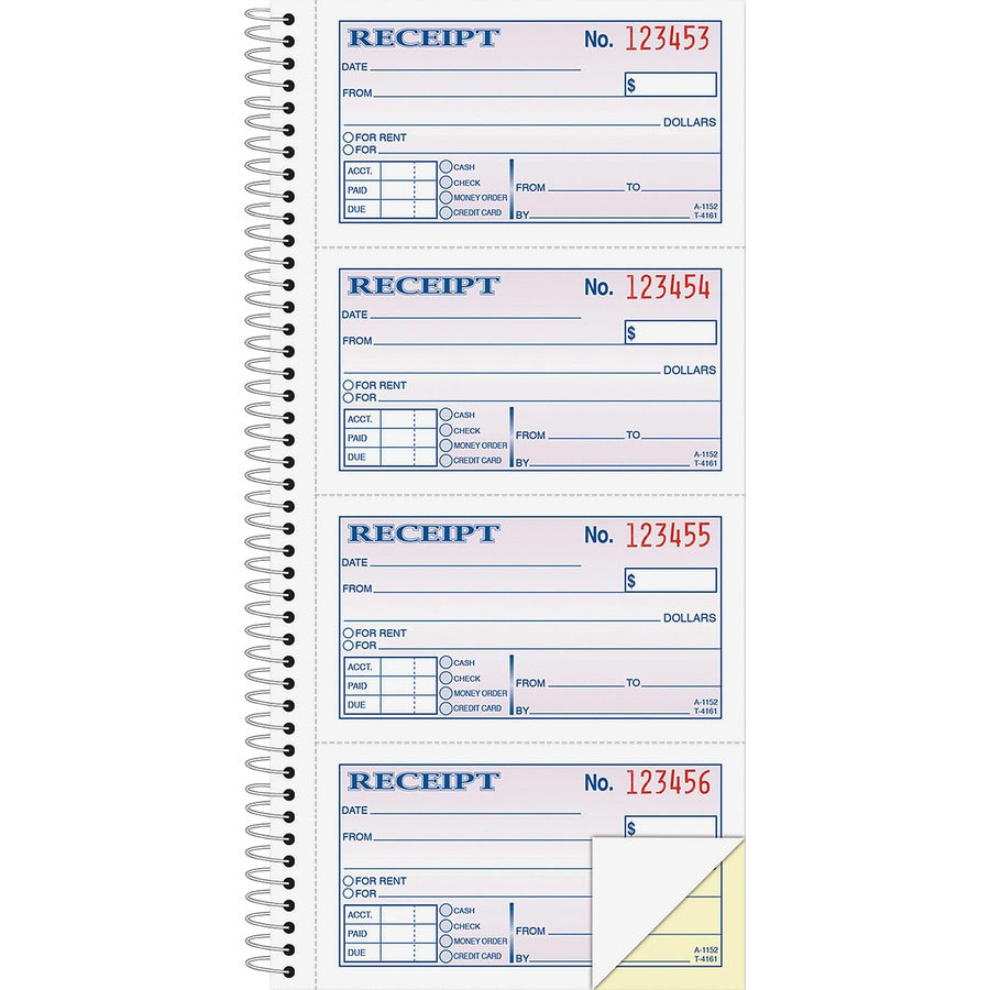Adams Spiral 2-part Money/Rent Receipt Book - 200 Sheet(s) - Spiral Bound - 2 Part - 11" x 5.25" Form Size - White, Canary - Assorted Sheet(s) - 1 Each