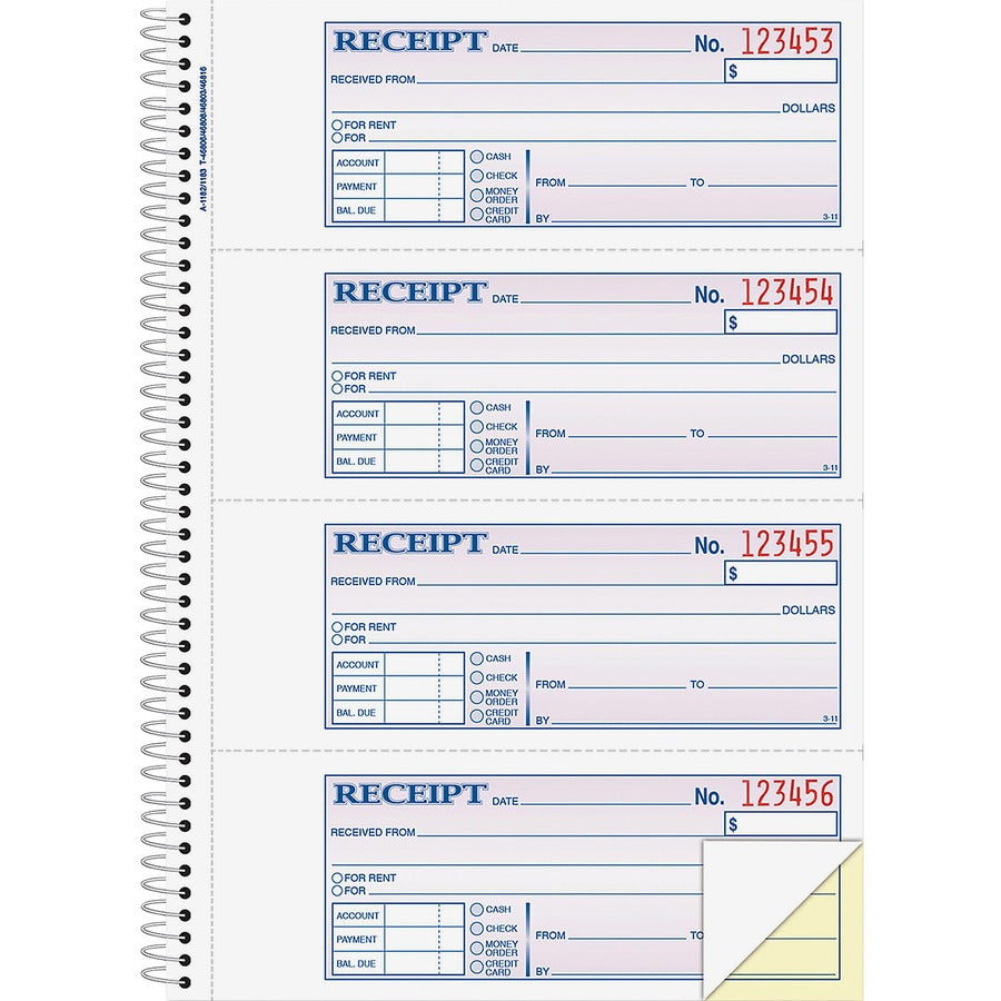 Adams Spiral 2-part Money/Rent Receipt Book - 200 Sheet(s) - Spiral Bound - 2 Part - 2.75" x 7.62" Form Size - White, Canary - Assorted Sheet(s) - 1 Each