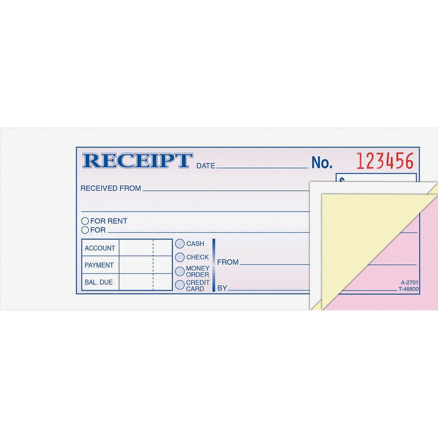 Adams Tapebound 3-part Money Receipt Book - 50 Sheet(s) - Tape Bound - 3 Part - Carbonless Copy - 6.75" x 2.75" Sheet Size - White, Canary, Pink - 1 Each