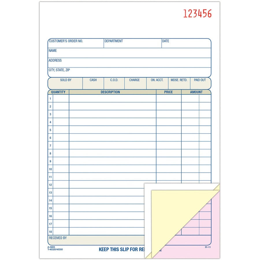 Adams Carbonless 3-part Sales Order Books - 50 Sheet(s) - 3 Part - Carbonless Copy - 5.56" x 8.43" Sheet Size - White, Canary, Pink - Assorted Sheet(s) - 1 Each